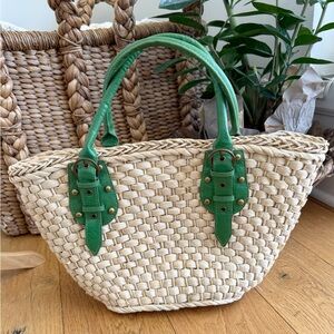 Straw Studios Woven Straw Tote Green Leather Handles